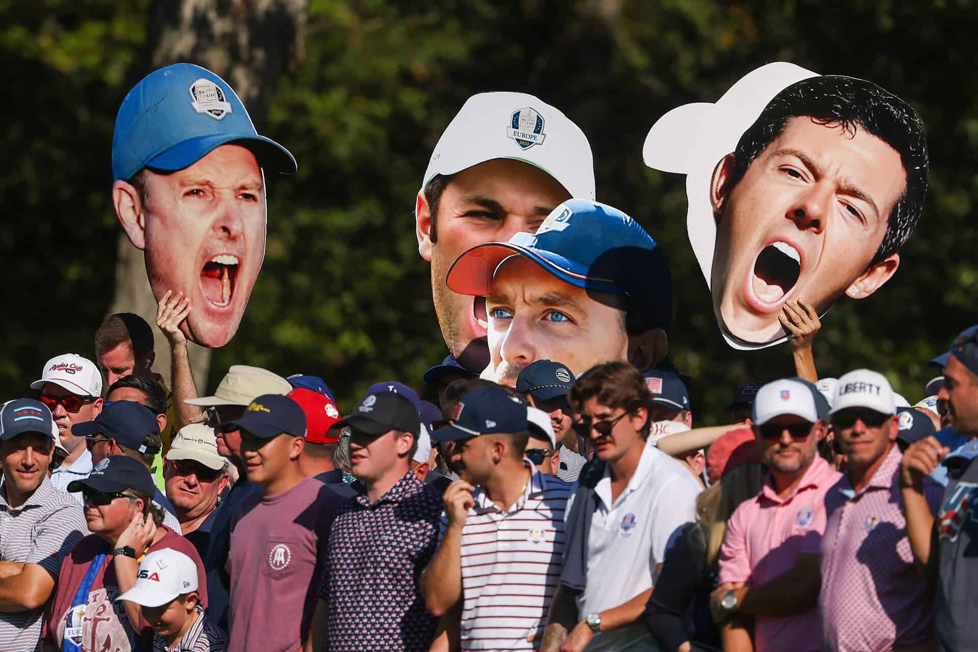 Fans display cut-outs at the 2025 Ryder Cup | Source: Jamie Squire/Getty Images