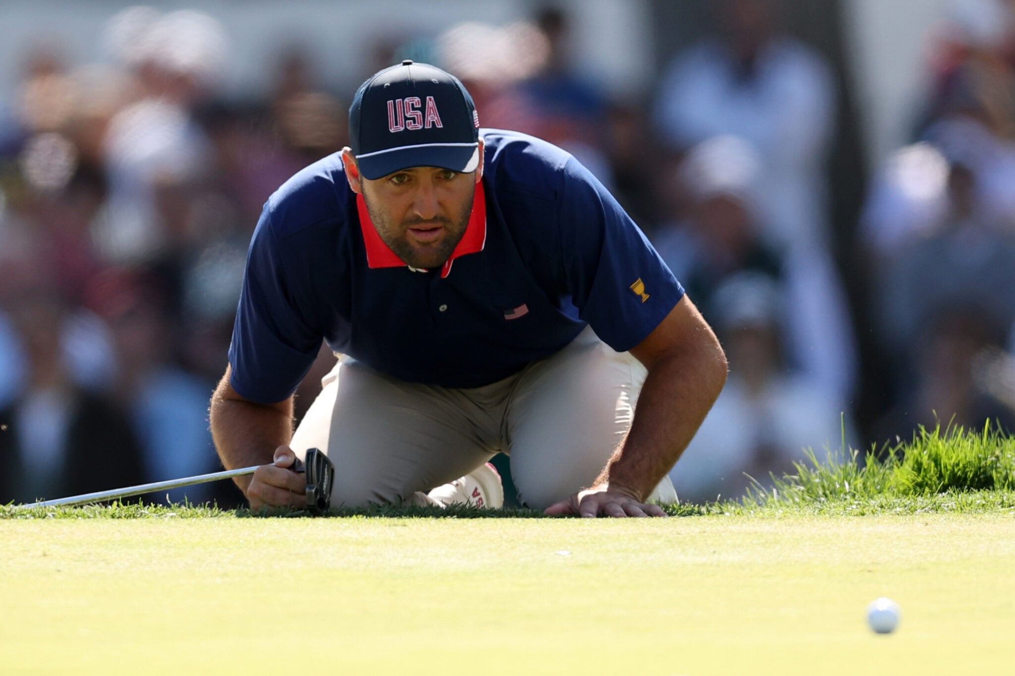 Scottie Scheffler on the 14th green during Saturday's fourball matches on day three of the Presidents Cup 2026 at Medinah Country Club | Source: Luke Hales/Gett